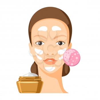 Process of applying moisturizing cream to face. Illustration of beautiful woman with make up. Beauty and fashion image.