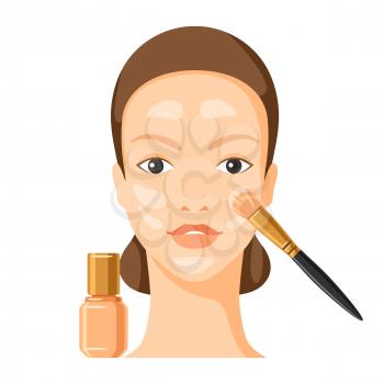 Process of applying primer to face. Illustration of beautiful woman with make up. Beauty and fashion image.