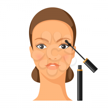 Process of applying mascara to eye. Illustration of beautiful woman with make up. Beauty and fashion image.