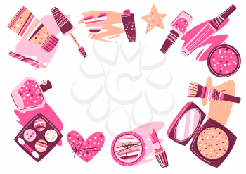 Frame with cosmetics for skincare and makeup. Illustration for catalog or advertising. Beauty and fashion items.