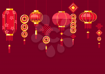 Happy Chinese New Year greeting card with hanging lanterns. Background with talismans and holiday decorations. Asian tradition symbols. Wishes of happiness, good luck and wealth.