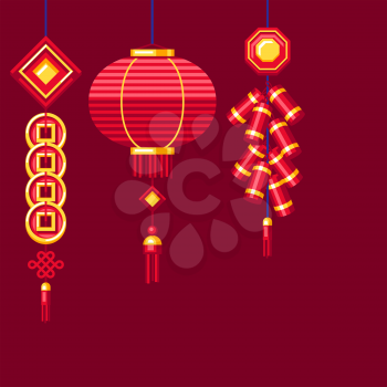 Happy Chinese New Year greeting card with. Background with talismans and holiday decorations. Asian tradition symbols. Wishes of happiness, good luck and wealth.