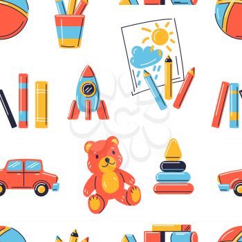 Seamless pattern with various kids toys. Happy childhood symbols. Playing game with friends. Image for shops and kindergartens.
