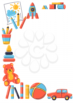 Background with various kids toys. Happy childhood symbols. Playing game with friends. Image for shops and kindergartens.