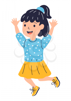Illustration of jumping smiling girl. Child in cartoon style. Image for school and kindergarten. Happy childhood.