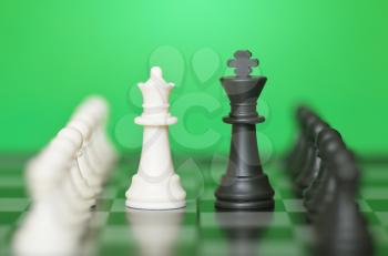 Chess game and green background. Conceptual scene.