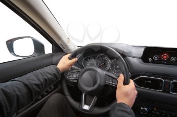 Man in car hold steering wheel. Isoalted object. 