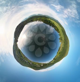 Little planet photo of lake. Nature composition.