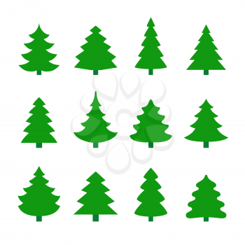 Set of christmas tree silhouettes. Different shapes. Isolated on white background. Flat style vector illustration.