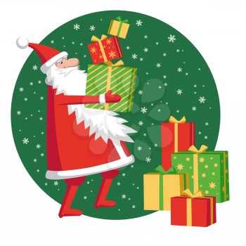 Santa Claus with gift boxes. Vector illustration of character.
