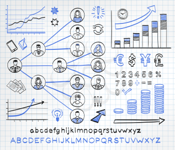 Business doodle set on paper background. Vector hand drawn sketch icons in black and blue colors. Business team. Hand drawn letters of alphabet and numbers.