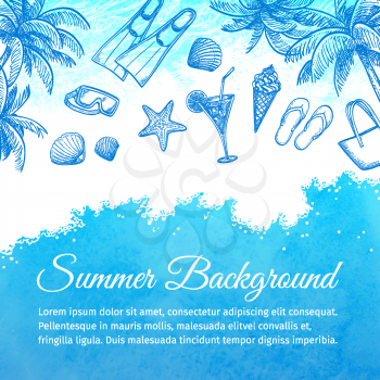 Sea watercolor background. Summer vacation.Hand drawn vector illustration.