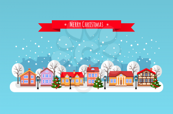 Winter town. Flat style vector illustration of Christmas cityscape. New year and Xmas Holidays design.