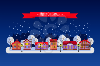 Winter night. Flat style vector illustration of Christmas town. New year and Xmas Holidays design.
