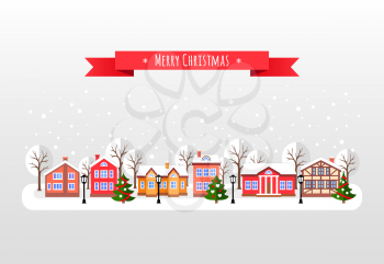 Winter town. Flat style vector illustration of Christmas cityscape. New year and Xmas Holidays design.