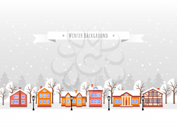 Winter  background. Flat style vector illustration of Christmas village. New year and Xmas Holidays design.