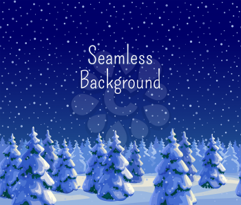 Winter seamless background with fir forest. Greeting card template. New year and Xmas Holidays design. Vector illustration.