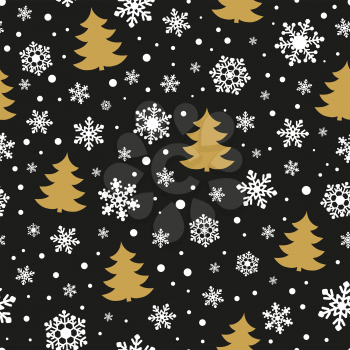 Seamless pattern with snowflakes and Christmas trees on black background. New year and Xmas Holidays background.