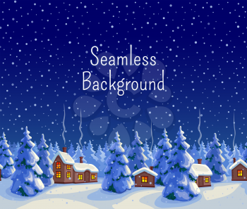Winter seamless background with fir forest and houses. Greeting card template. New year and Xmas Holidays design. Vector illustration.