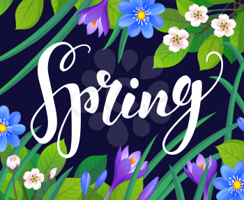 Spring text on floral background. Calligraphic Lettering. Vector illustration.