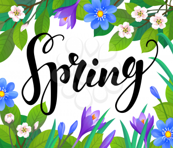 Spring text on floral background. Calligraphic Lettering. Vector illustration.
