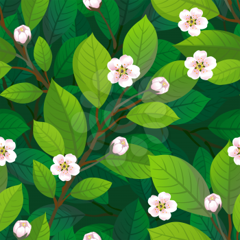 Floral seamless pattern. Cherry blossom. Vector illustration of leaves and flowers. Spring background.