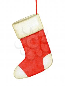 Christmas sock. Hand drawn watercolor illustration. New Year and Xmas Holidays design.