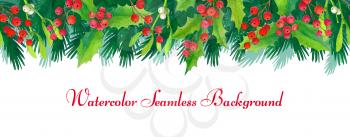 Christmas seamless background. Banner template. Hand drawn watercolor illustration. Greeting card. New Year and Xmas Holidays design.