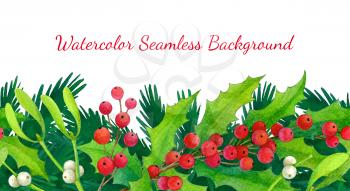 Christmas seamless background. Banner template. Hand drawn watercolor illustration. Greeting card. New Year and Xmas Holidays design.