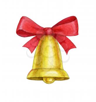 Christmas bell with red bow isolated on white background. Hand drawn watercolor illustration. New Year and Xmas Holidays design.