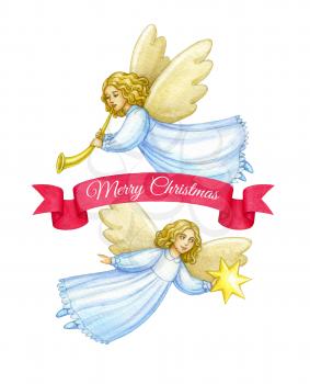 Christmas cute angels. Hand drawn watercolor illustration. Banner template. Greeting card. New Year and Xmas Holidays design.