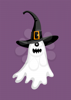 Cute halloween ghost in hat. Isolated on white background. Flat style vector illustration.
