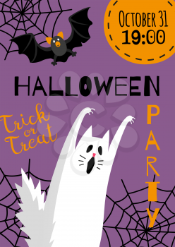 Halloween design. Invitation or greeting card. Banner template. Flat style vector illustration. Cute characters. Spooky cat ghost.
