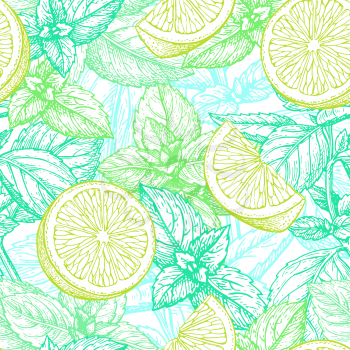 Seamless pattern with lime and mint. Summer background. Hand drawn vector illustration.