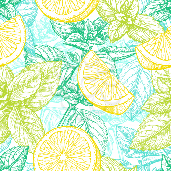 Seamless pattern with lemon and mint. Summer background. Hand drawn vector illustration.