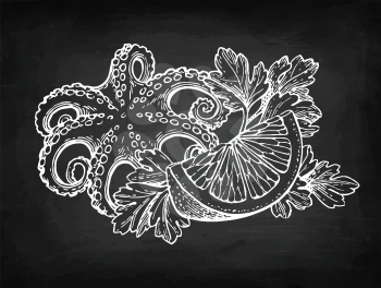 Octopus with lemon and parsley. Seafood chalk sketch on blackboard background. Hand drawn vector illustration. Retro style.