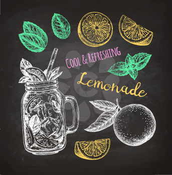 Ingredients of orange lemonade with mint. Chalk sketch on blackboard background. Hand drawn vector illustration. Retro style.