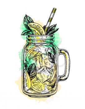 lemonade in mason jar. Retro style ink sketch with watercolor spots isolated on white background. Hand drawn vector illustration.