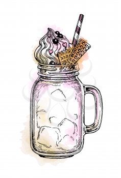 Milkshake in mason jar. Retro style ink sketch with watercolor spots isolated on white background. Hand drawn vector illustration.