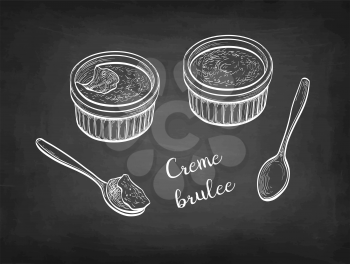 Creme brulee. Chalk sketch on blackboard background. Hand drawn vector illustration. Retro style.