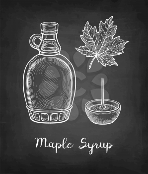 Maple syrup. Collection of chalk sketches on blackboard background. Hand drawn vector illustration. Retro style.