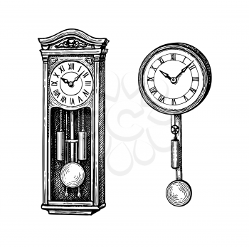 Vintage pendulum clock. Ink sketch isolated on white background. Hand drawn vector illustration. Retro style.