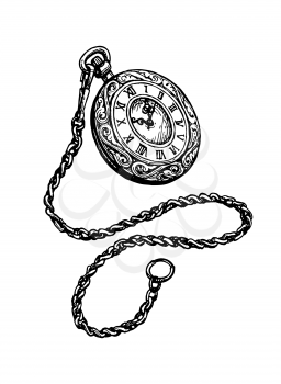 Pocket watch. Ink sketch isolated on white background. Hand drawn vector illustration. Retro style.