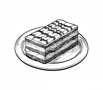 Mille-feuille dessert on porcelain plate. Ink sketch isolated on white background. Hand drawn vector illustration. Retro style.