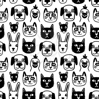 Seamless pattern with cute urban animals. Hipster style portraits set. Doodle sketches. Hand drawn vector illustration of funny characters.