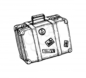 Suitcase with stickers. Ink sketch isolated on white background. Hand drawn vector illustration. Retro style.