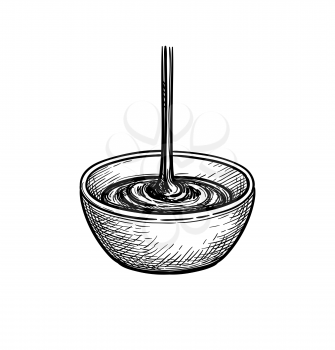 Maple syrup pouring into bowl. Ink sketch isolated on white background. Hand drawn vector illustration. Retro style.