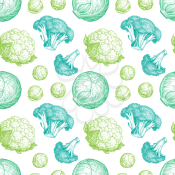 Seamless pattern with cabbage. Ink sketch isolated on white background. Hand drawn vector illustration. Retro style.