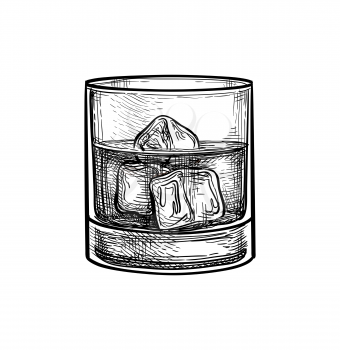 Glass of whiskey with ice. Ink sketch isolated on white background. Hand drawn vector illustration. Retro style.