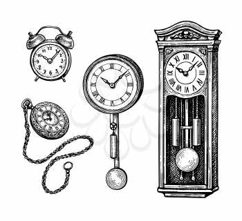 Vintage clocks. Ink sketch set isolated on white background. Hand drawn vector illustration. Retro style.